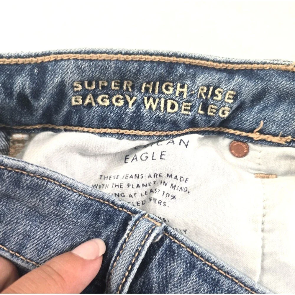 American Eagle Jeans Womens Sz 4T 30 Blue Super High Rise Baggy Wide Leg Stretch